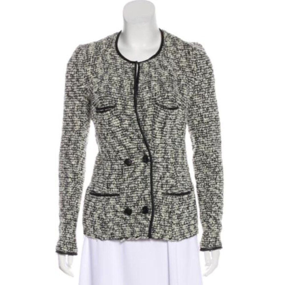 ISABEL MARANT Leather-Trimmed Bouclé Jacket US 4‎ Wool Blend Black White